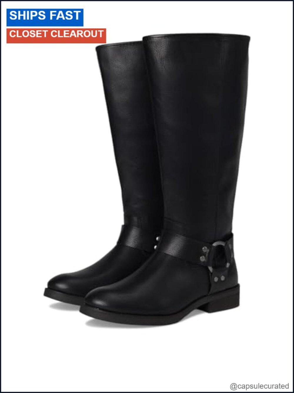 Wide Calf Moto Harness Boots Zippered Round Toe Vegan Leather Calf High